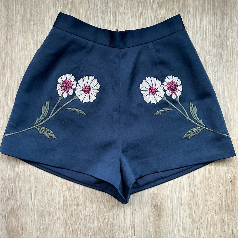 Satin Shorts with Flower Embroidery